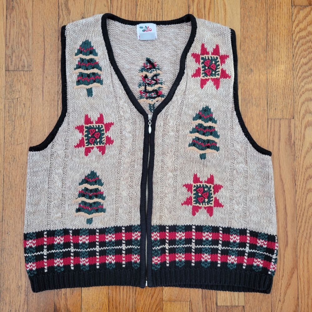 Nutcracker Christmas Vest L Holiday Sweater Knit Zip‎ Up Trees Stars Layering
